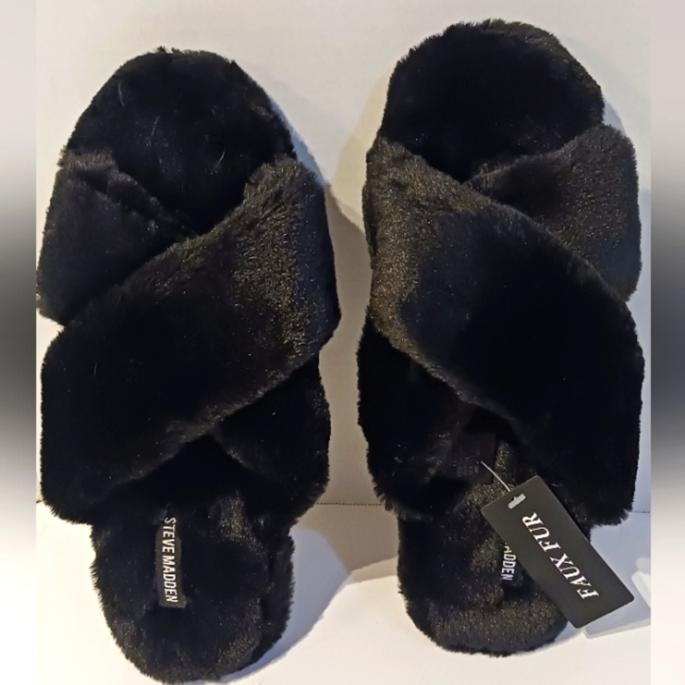 Steve Madden Black‎ Faux Fur Slippers sz. LARGE. NWT